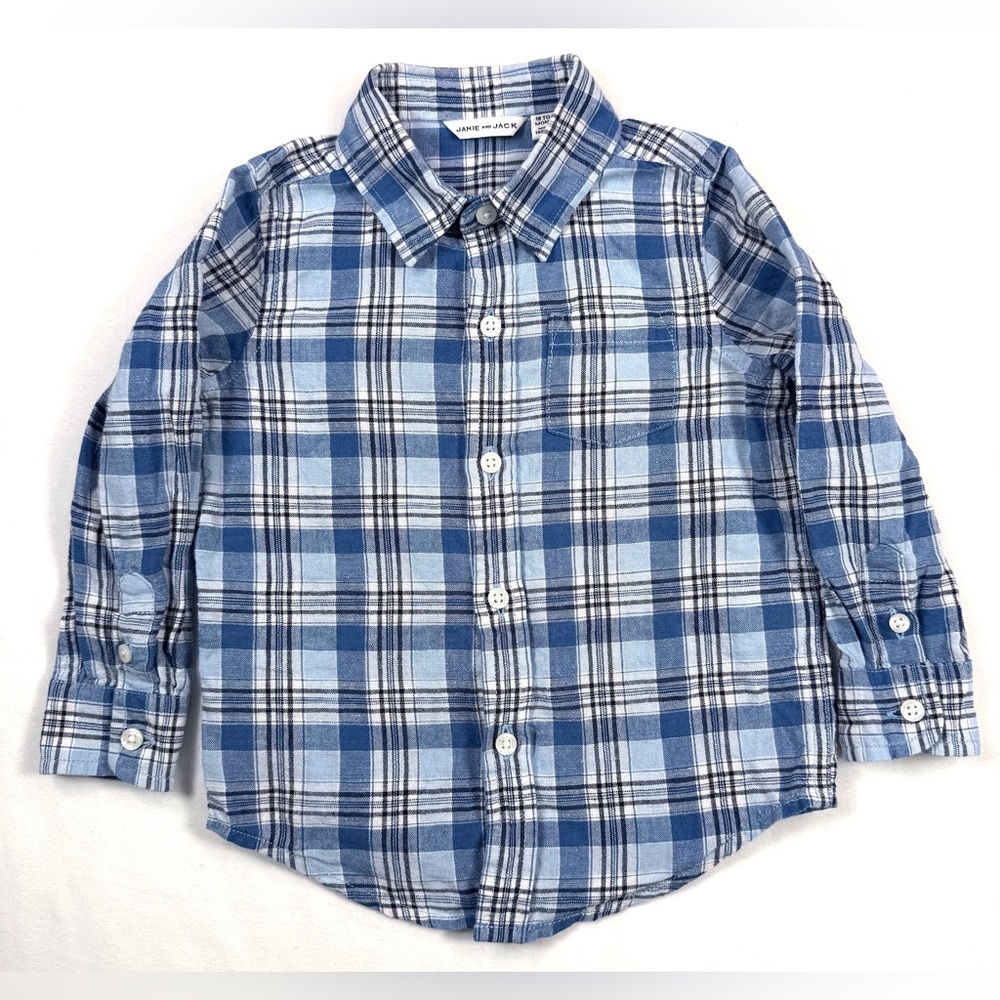 JANIE AND JACK Boys’ Blue Tartan Plaid Linen Blend Button Down Shirt Size 18-24M